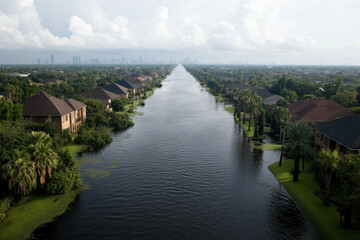 Fototapeta premium A long street with houses on both sides of a river