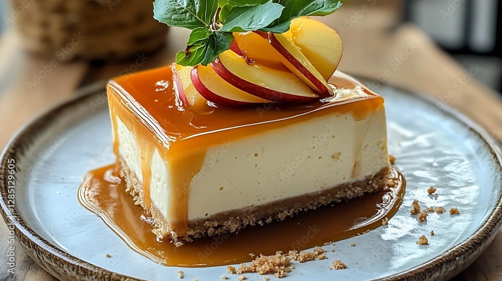Aufkleber Irresistible slice of cheesecake drizzled with caramel sauce and topped with apple slices on a plate : Generative AI