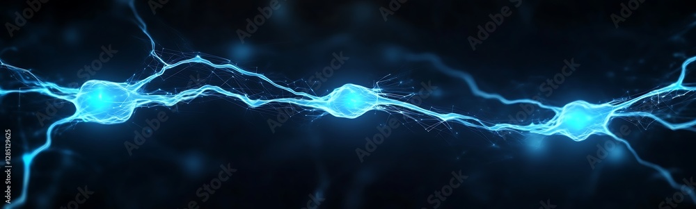 Aufkleber electric blue neurons connected by synapses in a dark background, illustrating neural communication.