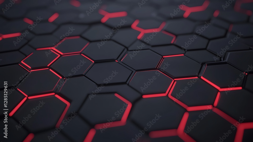 Fototapete hexagonal pattern with glowing red accents on a dark background, creating a modern and tech-inspired