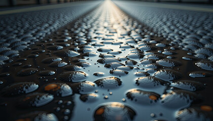 Fototapeta premium Wet grainy asphalt road macro, reflecting light, suitable for design, backgrounds, overlays, and presentations.