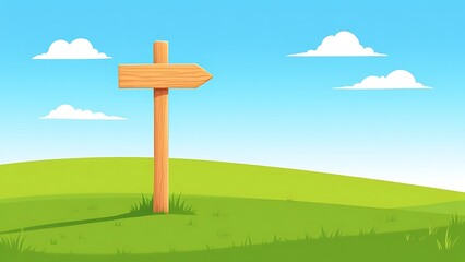 Rustic Wooden Directional Sign Post in a Green Field under a Blue Sky with Gentle White Clouds