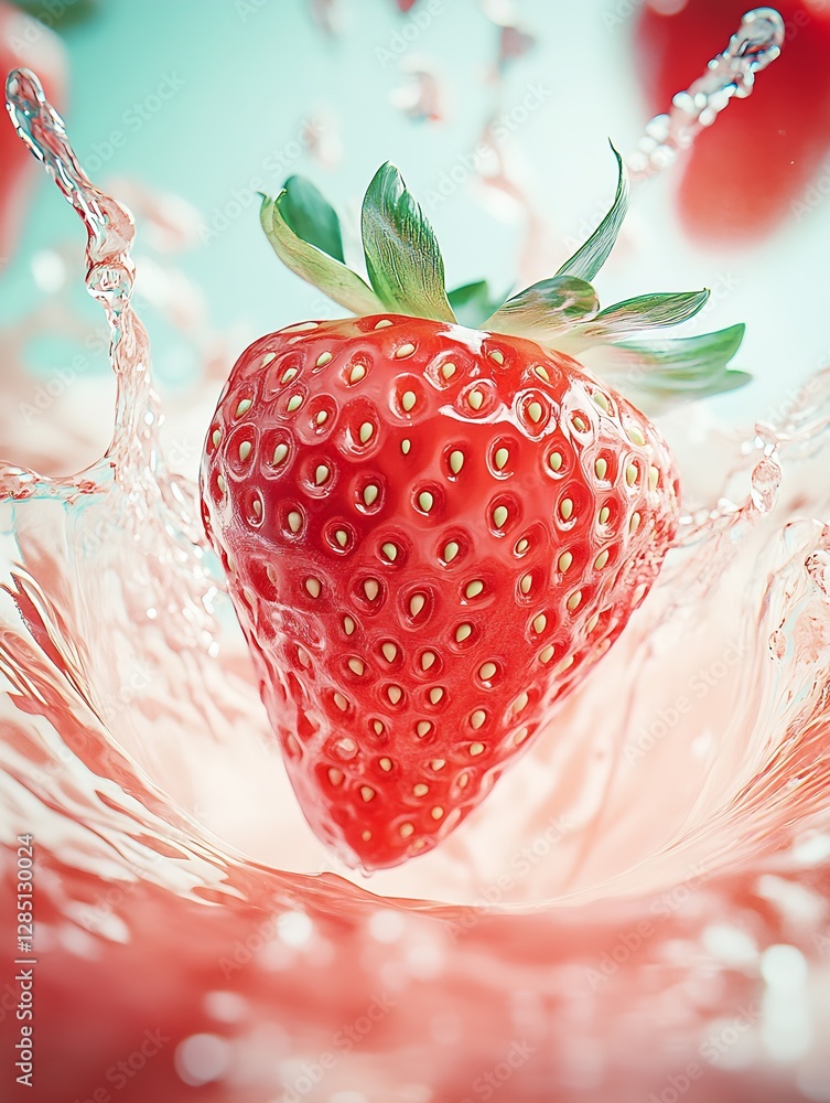 Poster single strawberry surrounded by splashing water droplets offering a delicious and juicy look : gener