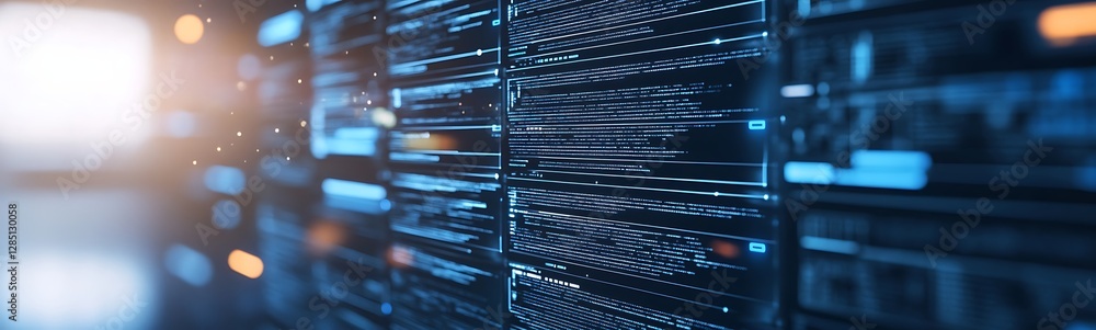 Poster high-tech server room with glowing data connections and a futuristic ambiance.