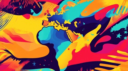 Vibrant Abstract World Map with Colorful Swirls and Dynamic Shapes
