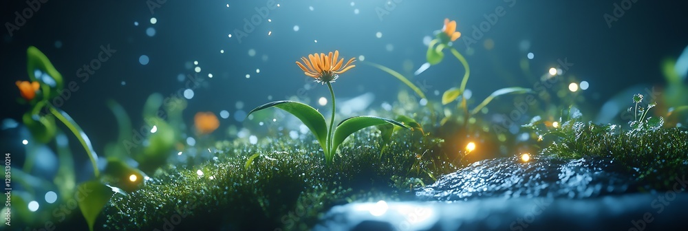 Poster Charming view of blooming orange flowers surrounded by lush greenery and glowing effects in a forest : Generative AI