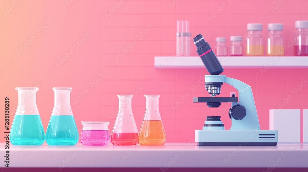 Poster a modern laboratory scene featuring a microscope and colorful beakers filled with liquids against a 