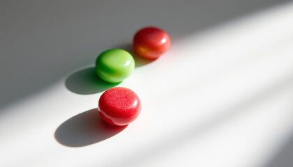 Three colorful candies are illuminated by bright sunlight