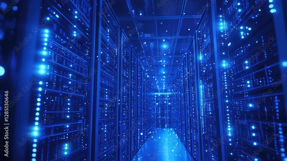 Leinwandbilder A futuristic data center with glowing blue lights and illuminated server racks, symbolizing cloud computing, cybersecurity, and digital infrastructure. Ideal for technology and IT concepts