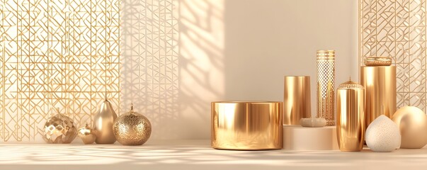 Elegant gold ornaments arranged on a light beige surface