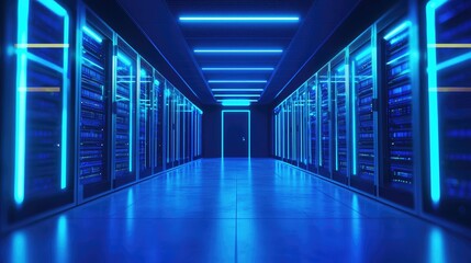 Fototapeta premium A futuristic data center with illuminated server racks and vibrant blue LED lighting, symbolizing cloud computing and cybersecurity. Ideal for technology and IT infrastructure concepts