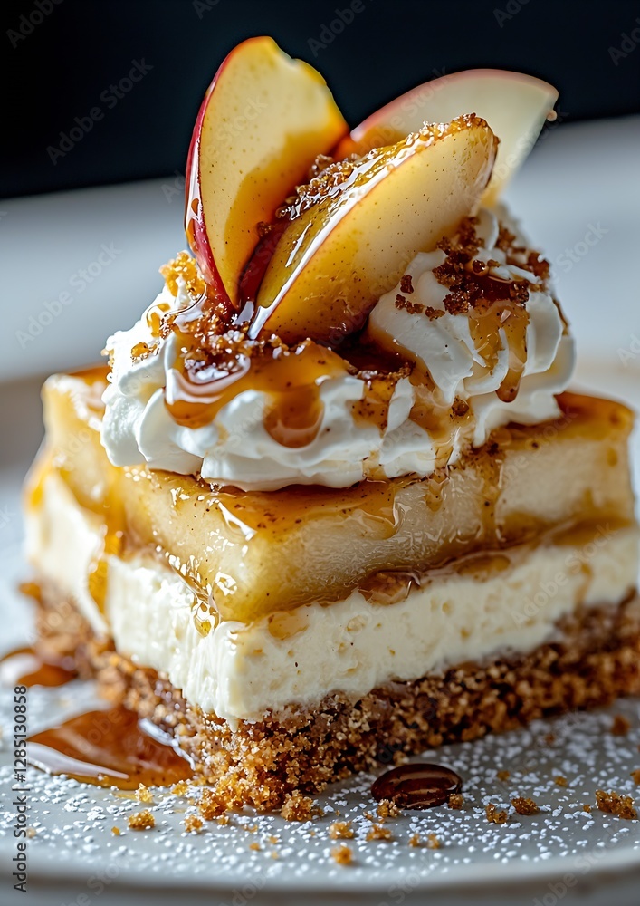 Poster luxurious layered cake topped with fresh apples and caramel sauce creating a mouthwatering dessert e
