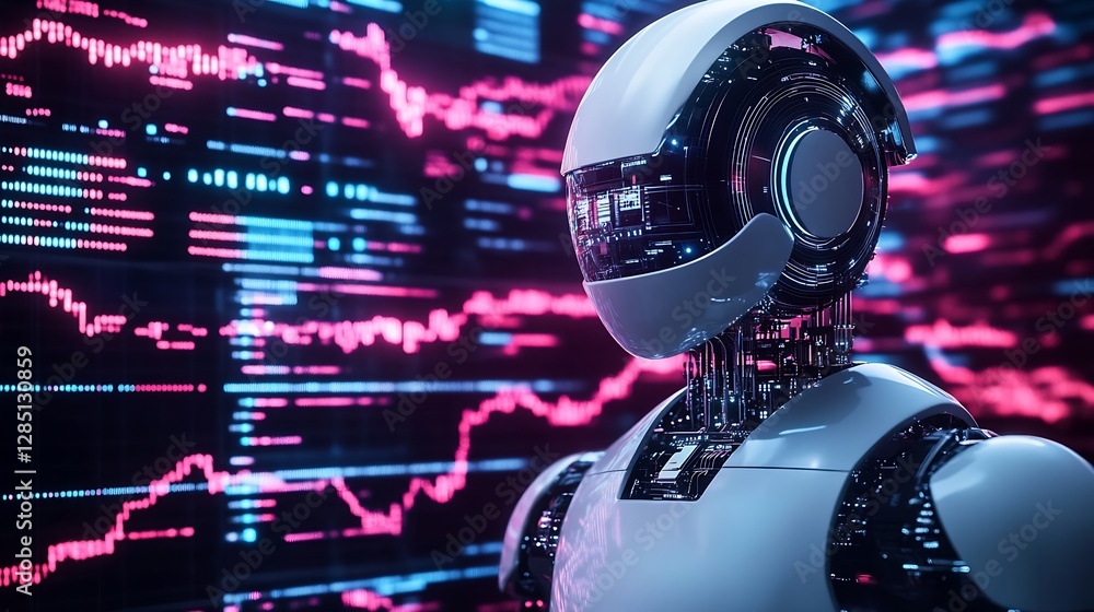 Fototapete Robotics concept featuring a humanoid figure with sleek design and vibrant lights in a high-tech digital environment : Generative AI