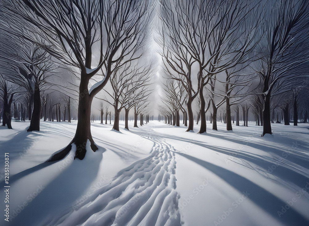 Poster snowy path through a winter forest, sunlight filtering through bare trees. footprints lead into the 