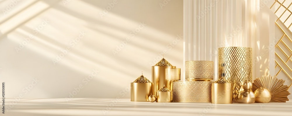 Poster elegant gold objects arranged on a surface in soft light