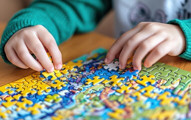 Child Engaged in Colorful Puzzle Play on Wooden Table Surface
