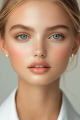 Lovely close up of a youthful woman with captivating blue eyes and a serene expression highlighting her radiant skin : Generative AI