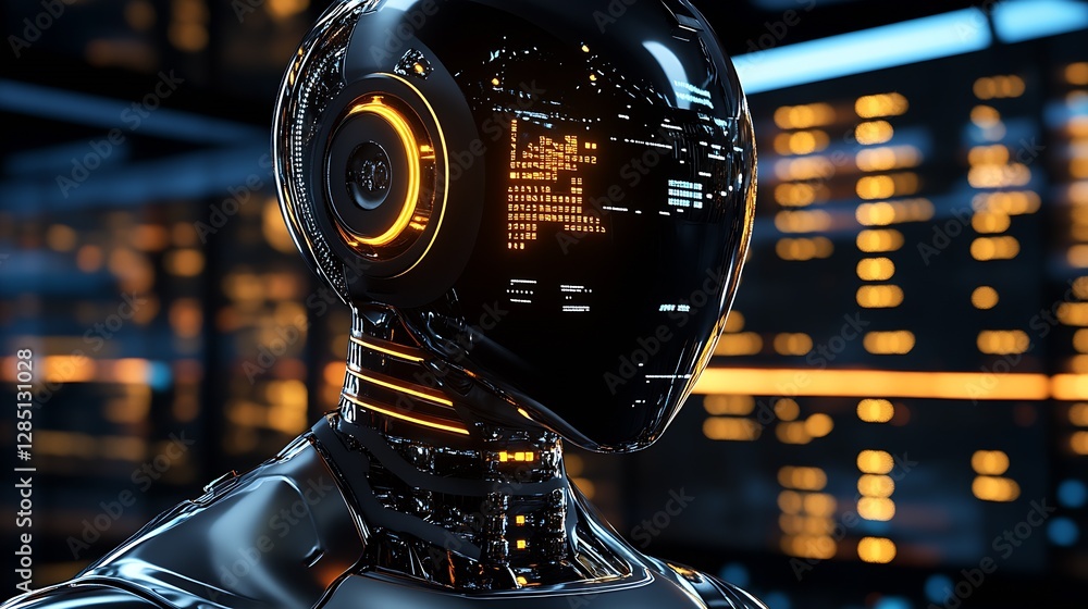 Poster Advanced robotic figure illuminated with intricate LED patterns in digital art : Generative AI