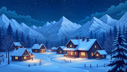 Peaceful Snowy Mountain Village under Full Moon