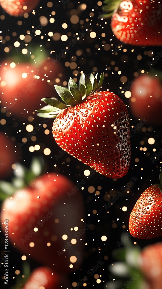 Aufkleber Close up view of ripe fresh strawberries floating in the air against a background of shimmering bokeh lights : Generative AI