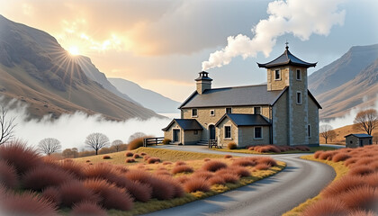 Country road leading to a vintage distillery; blogs, websites, book illustration, travel publications.
