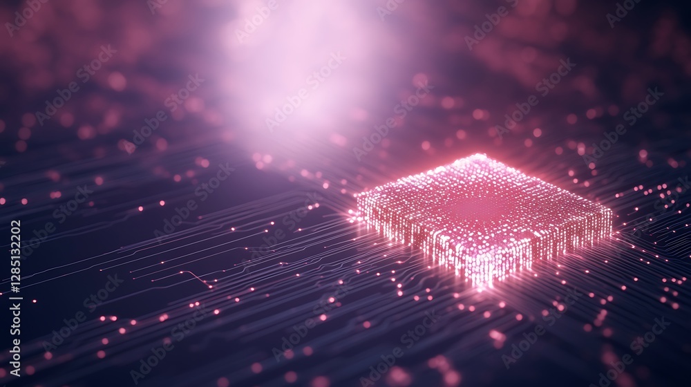 Poster Abstract digital representation of a glowing computer chip surrounded by data particles.