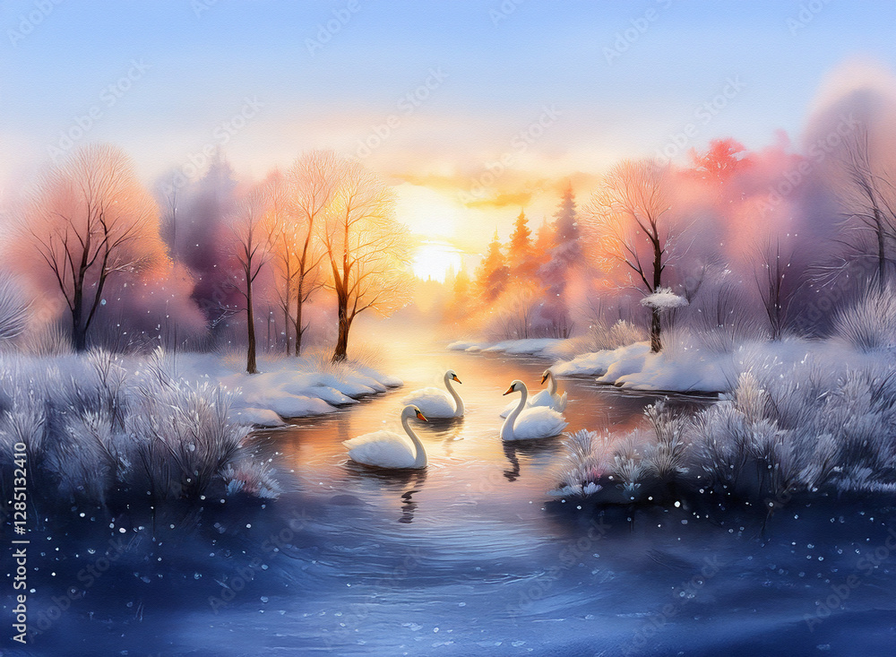 Poster a tranquil winter scene featuring three swans gracefully swimming in a calm river. snow blankets the