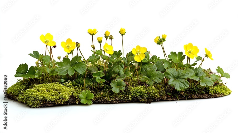 Poster Elegant display of bright yellow wildflowers and lush greenery atop soft moss layer creating a natural artwork : Generative AI