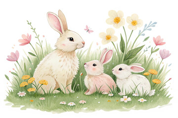 Obraz premium A family of Easter bunnies in a spring field isolated on transparent background