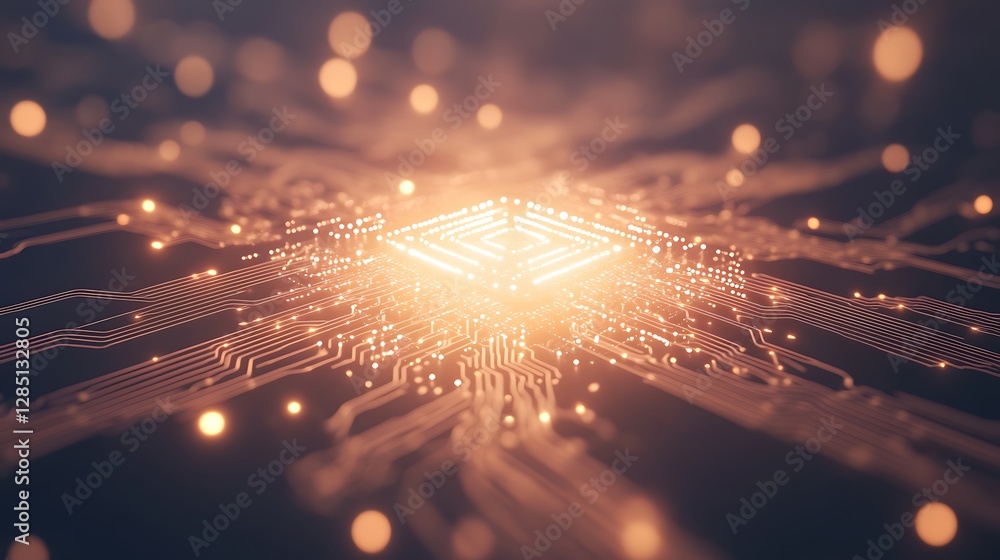 Poster Abstract representation of a glowing microchip with circuit connections and particles.