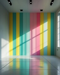Spacious modern interior with pastel-colored striped walls, large windows allowing natural sunlight, and polished concrete flooring, creating a vibrant and creative atmosphere

