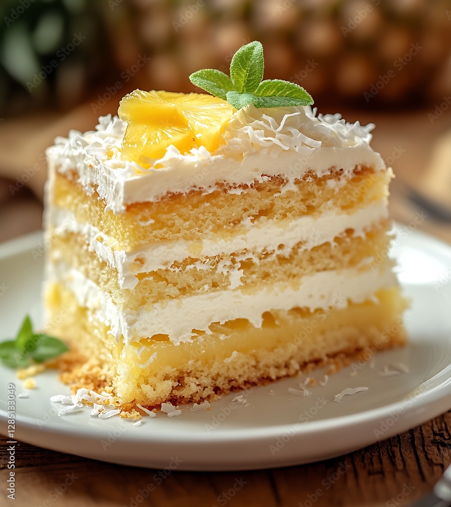 Poster Luscious pineapple and coconut cake slice served with mint leaves on a pristine plate : Generative AI