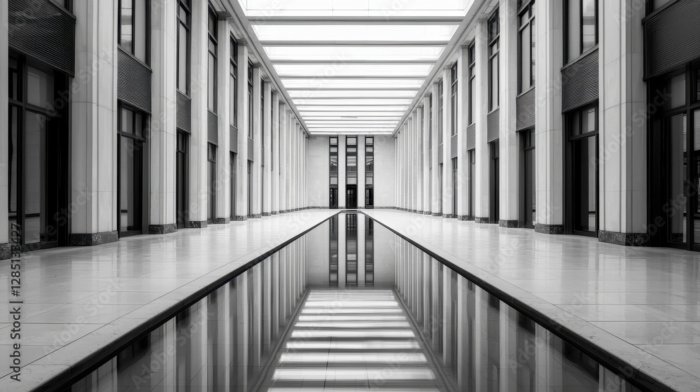 Poster a minimalist corridor with sleek columns and a reflective surface, illuminated by overhead lights, c