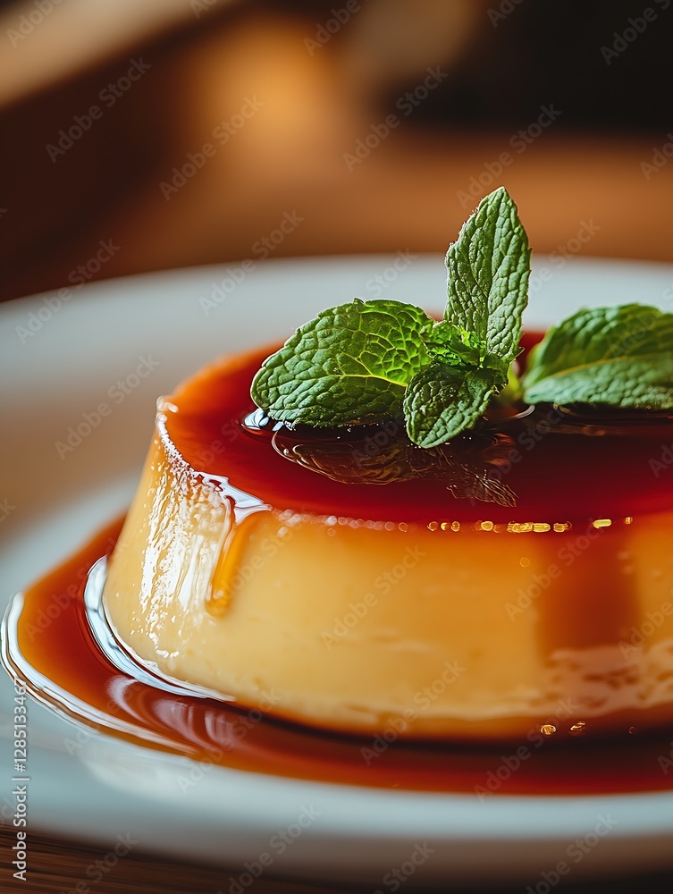 Poster Close-up view of a caramel flan garnished with fresh mint leaves presenting an inviting appearance : Generative AI