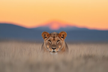 A lion is standing in a field of tall grass