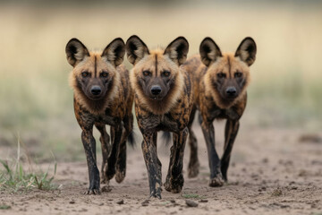 Fototapeta premium Three hyenas walking in the dirt