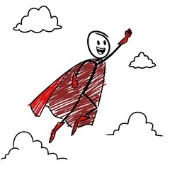 Stick figure in superhero costume flying high