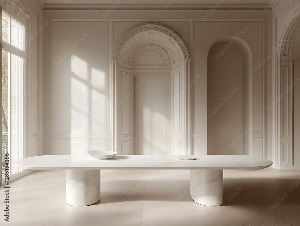 Poster contemporary dining space featuring a pristine white table that enhances the room's elegance : gener