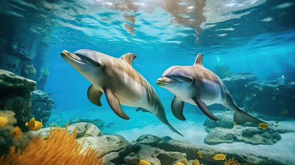 Two Dolphins Swimming in a Vibrant Coral Reef