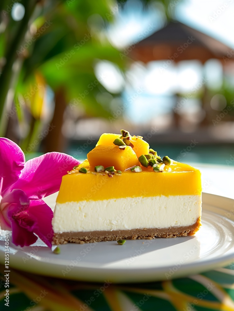 Poster Mouthwatering Mango Cheesecake Slice Showcasing Fresh Fruit and Elegant Presentation : Generative AI