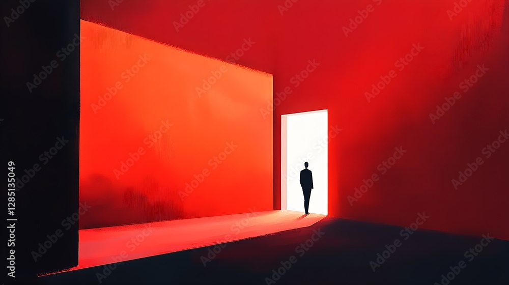 Poster Silhouette of a person walking towards a bright exit in an immersive red space : Generative AI