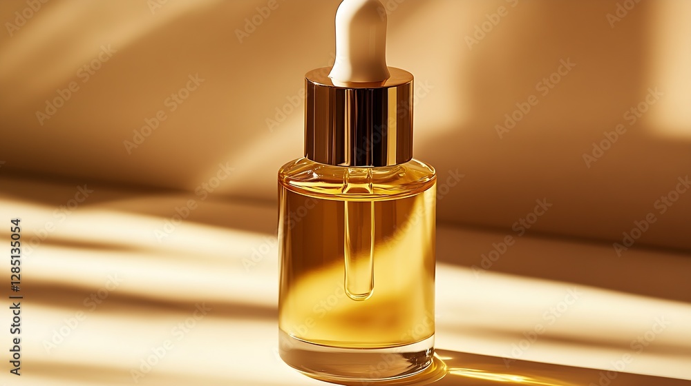 Poster luxurious dropper bottle filled with radiant golden oil against a backdrop of soft shadows and light