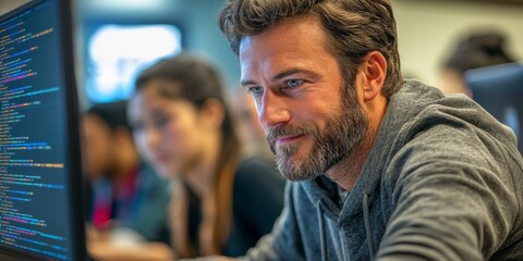 Computer science teacher programming javascript in classroom with students watching
