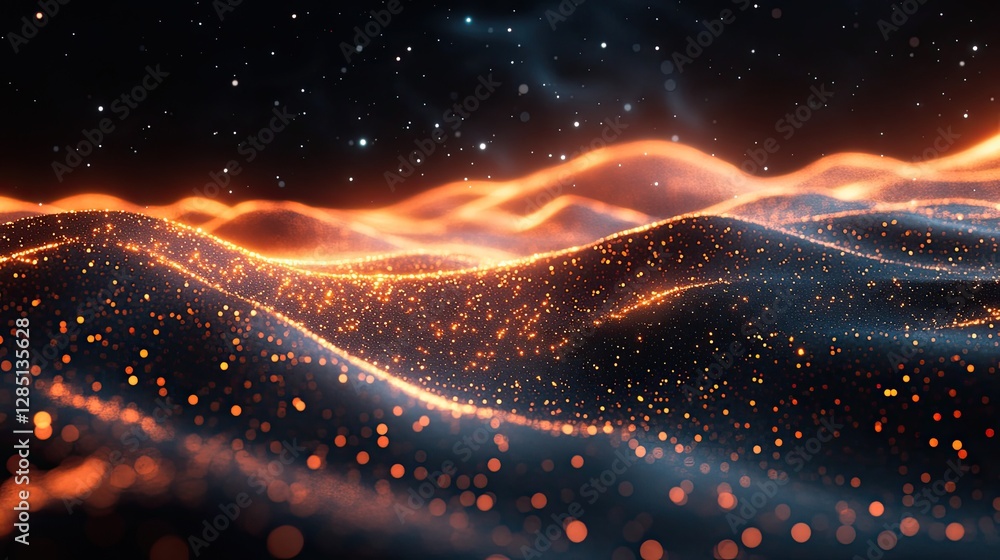 Poster glowing particles creating abstract waves against a starry background