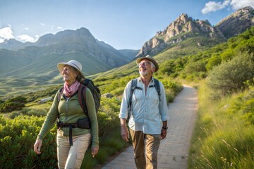 Obraz premium senior couple hiking in the mountains