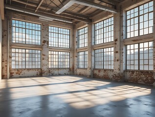 Spacious industrial loft with large grid windows, exposed brick walls, and raw concrete flooring, bathed in natural sunlight, offering a modern and minimalist aesthetic

