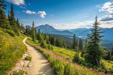 Obraz premium scenic mountain trail surrounded by lush greenery and wildflowers