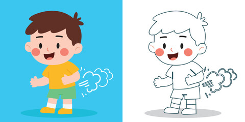 A cute boy fart or feel Stomachache with Flat Illustration style For educational design elements or coloring book