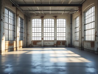 Spacious industrial loft with large grid windows, exposed brick walls, and raw concrete flooring, bathed in natural sunlight, offering a modern and minimalist aesthetic


