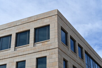 Corner of municipal building. Concrete block construction.